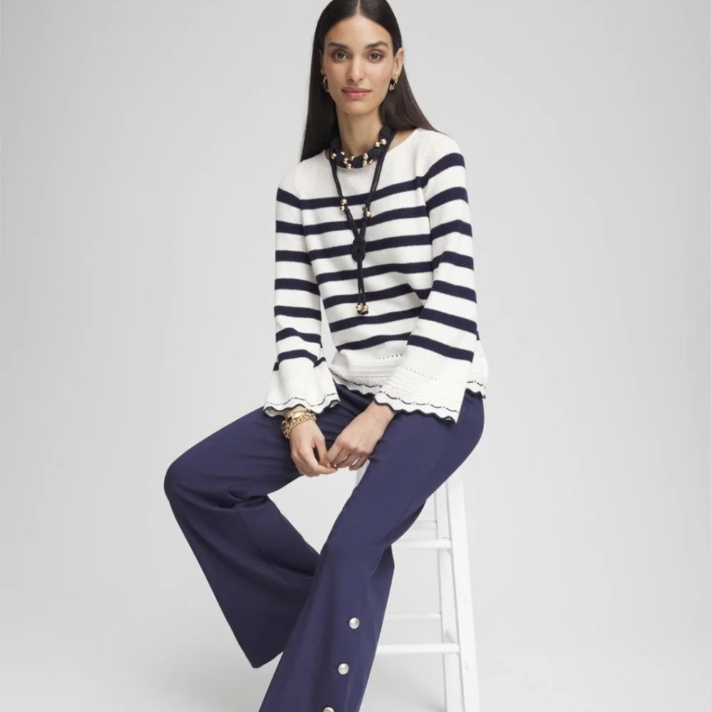 NWT Chico's Pointelle Sweater Ecru & Navy Striped Size Medium